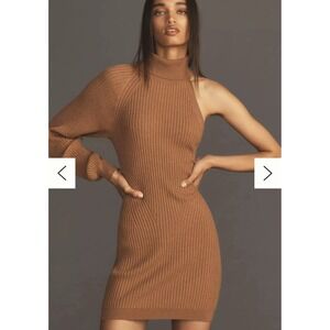 Anthropologie Wool Blend Sweater Mini Dress Tan Ribbed Turtleneck One Sleeve M